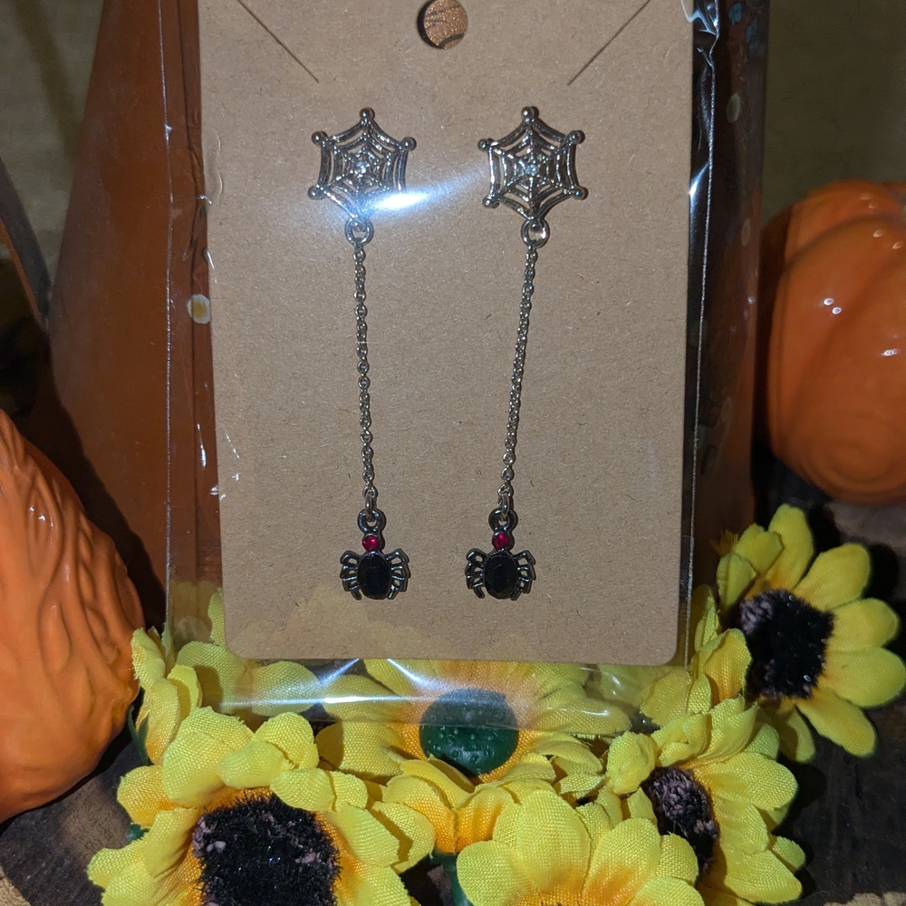 Spider Web Dangle Earrings with Red and Black Window